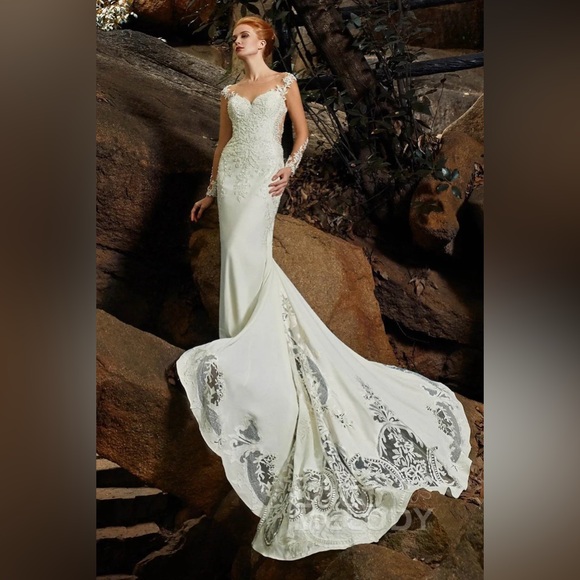 Cocomelody Yara Trumpet-Mermaid Chapel Train Satin Wedding Dress CW2302 US 16 - Picture 1 of 9